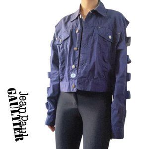 junior gaultier pin-up girl cut out sleeve navy button up grunge jacket size S/M